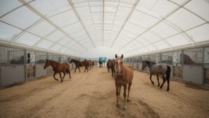 Innenansicht Aktivstallhalle mit freilaufenden Pferden in Membran-Konstruktion